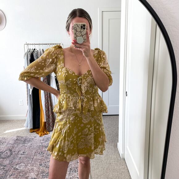 For Love & Lemons Mustard Yellow Velvet Floral Cosmo Mini Dress - Picture 14 of 16